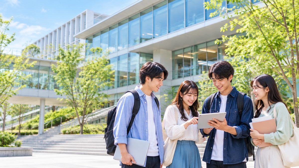 大学のキャンパスで、タブレットを囲んで話す学生たち